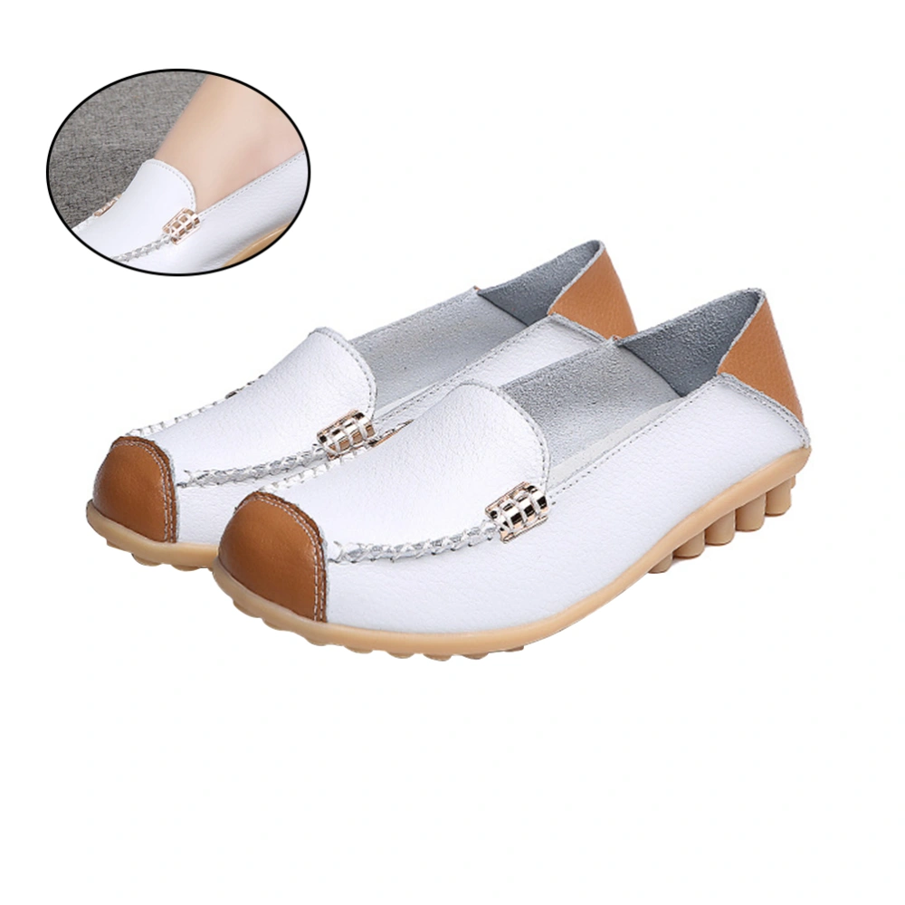 Fashion Leather Shoes Flat-heeled Shoes Leisure Anti-slip Shoes for Women Ladies (White, Size 44)