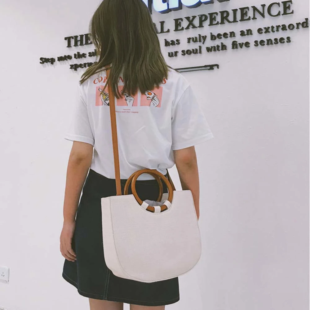 Women Straw Shoulder Bag Fashion Round Wooden Handle Handbag Brand Designer Summer Beach Travel Bags Tote Handbag (White)