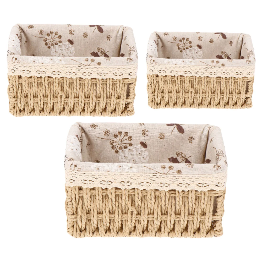 3 Pcs Concise Household Rattan Woven Sundries Sorting Baskets Storage Baskets (Khaki)