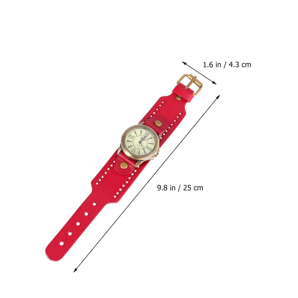 1PC Genuine Cowhide Watch Vintage Roman Literal Wristwatch Stylish Casual Watch Decor Creative Quartz Wrist Watch for Woman Lady Wearing (Red)