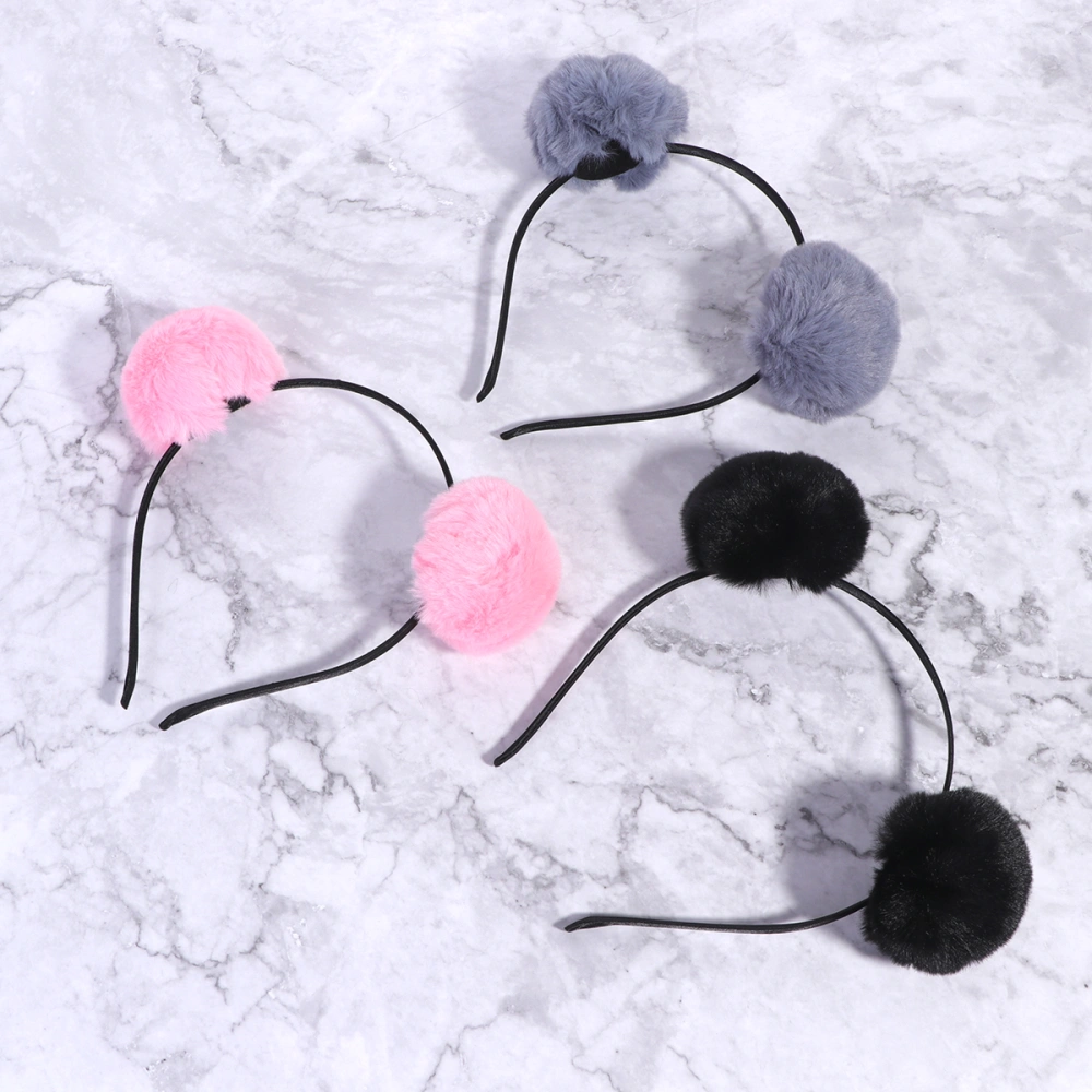 3pcs Fluffy Ball Headbands Double Plush Balls Hair Hoops Adorable Hair Accessaries (Black Grey Pink)