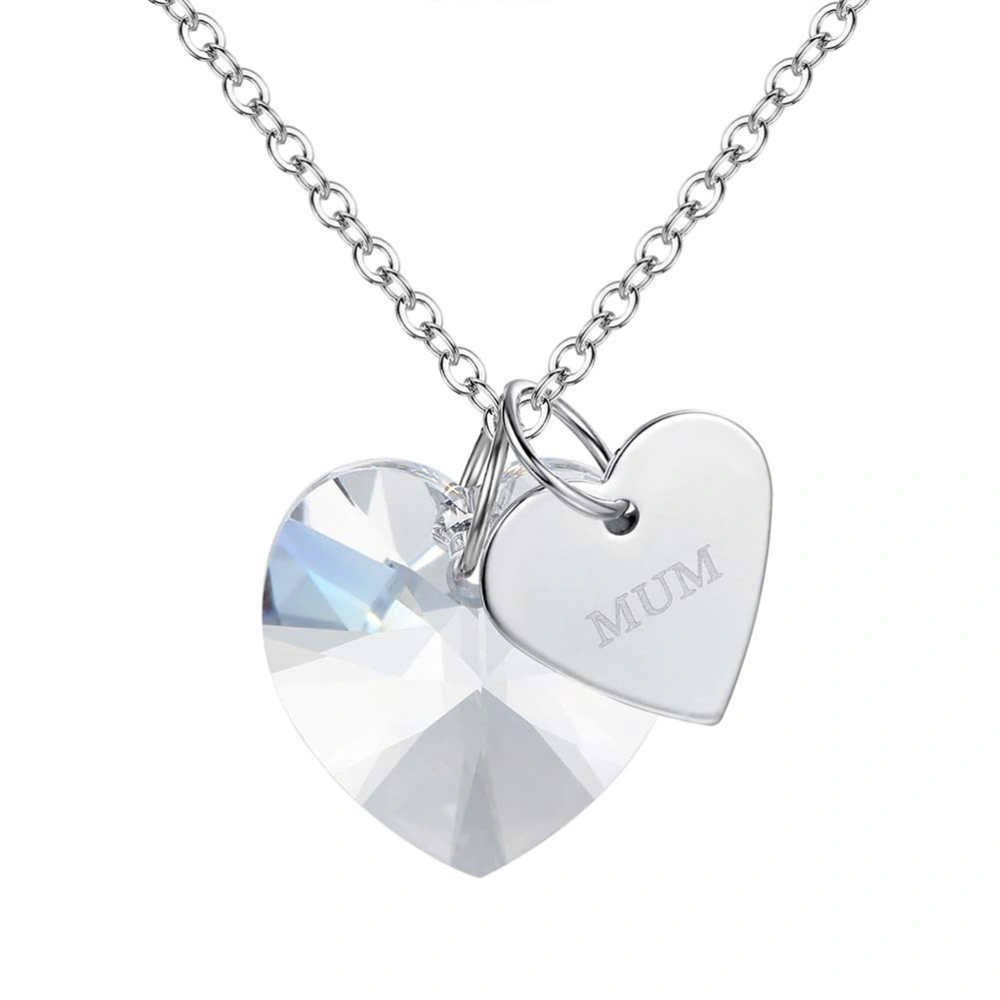 Crystal Alloy Heart Necklace Mother's Day Birthday Gift Pendant for Mom (White)