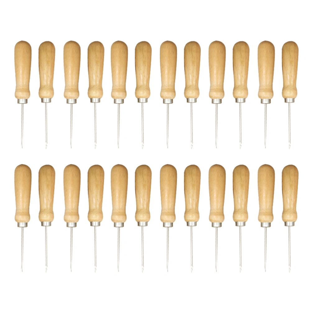 24pcs DIY Sewing Awls Solid Wooden Handle Sewing Needles Awl Thick Handle Drill Shoe Awl DIY Sewing Tool Accessories for Women Use Straight Head Hook-headed Style