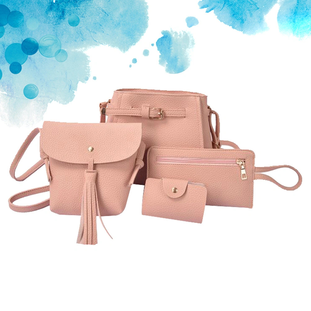 Pu Four-piece Set Casual Shoulder Bag Pink Female Crossbody Bag Set Tote Bag Tassel Purses And Handbags