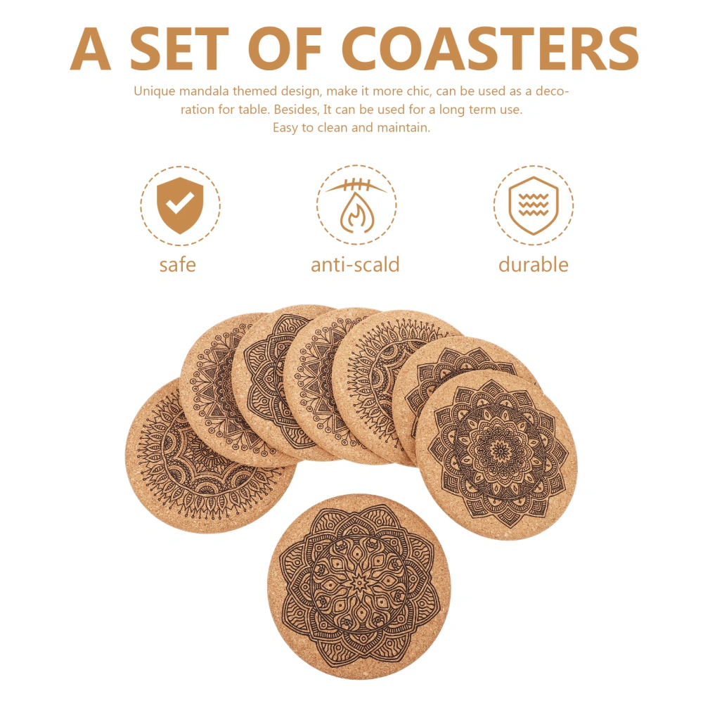 Mandala Round Cork Coasters with Rack Wooden Coasters Cup Pads for Home Office