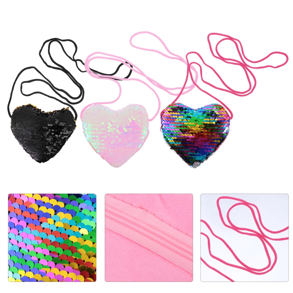 3Pcs Trendy Heart Shape Purses Sequin Wallets Practical Coin Purses with Lanyard