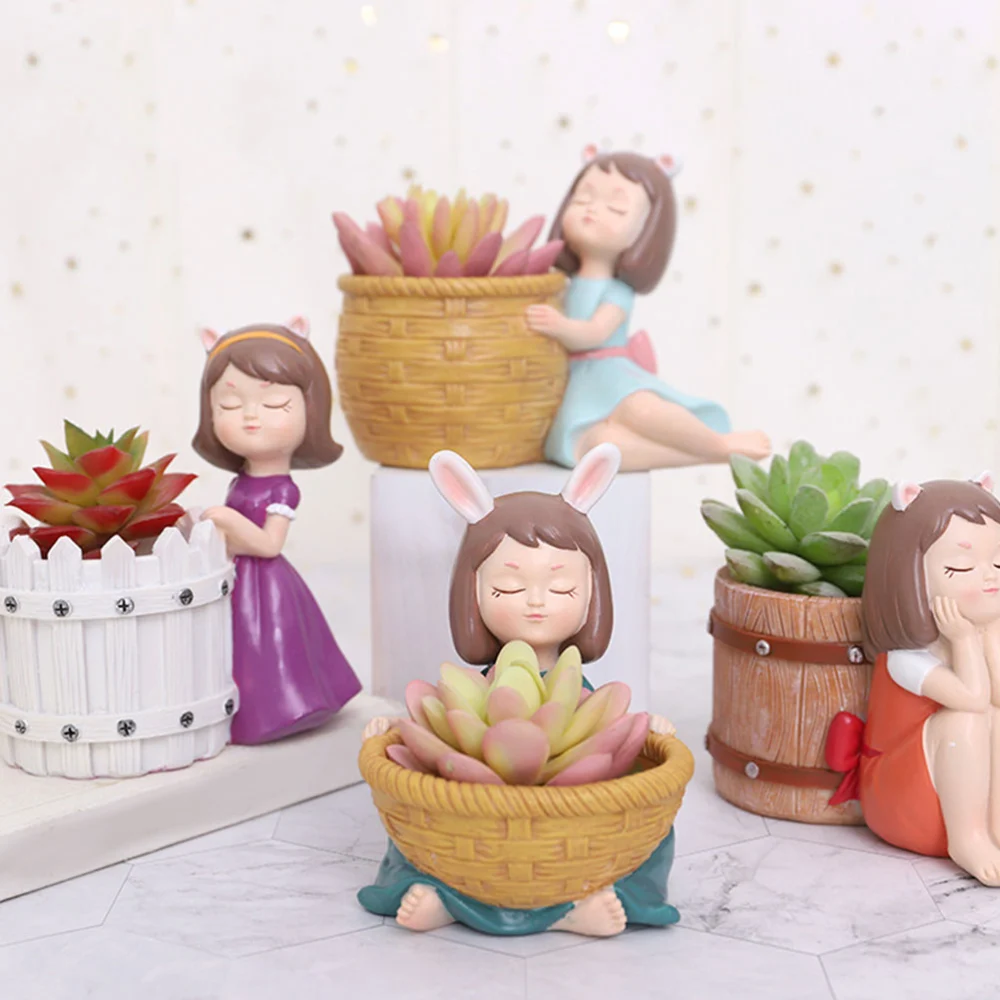 Resin Flowerpot Cartoon Artificial Ladies Shape Color Painted Basin Plant Container Desktop Ornament for Home Micro Landscape Supplies (Purple)