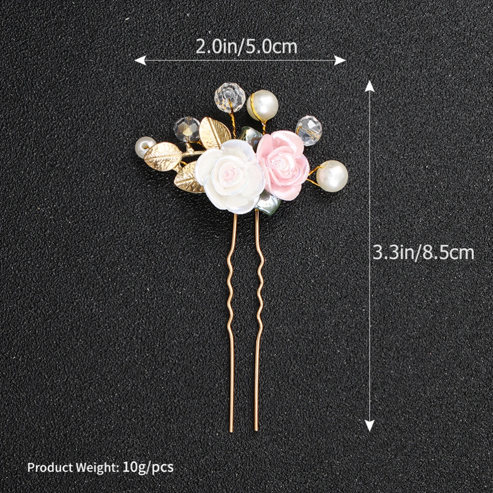 2pcs U-shaped Pearl Hairpins Rose Headdress Stylish Bridal Hair Accessories