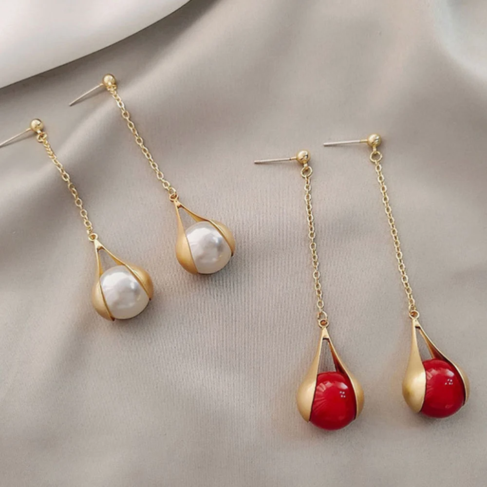 2 Pairs of S925 Silver Needle Earrings Tassel Ear Drop Metal Ear Dangle Women Dangler Long Earbob (White and Red)