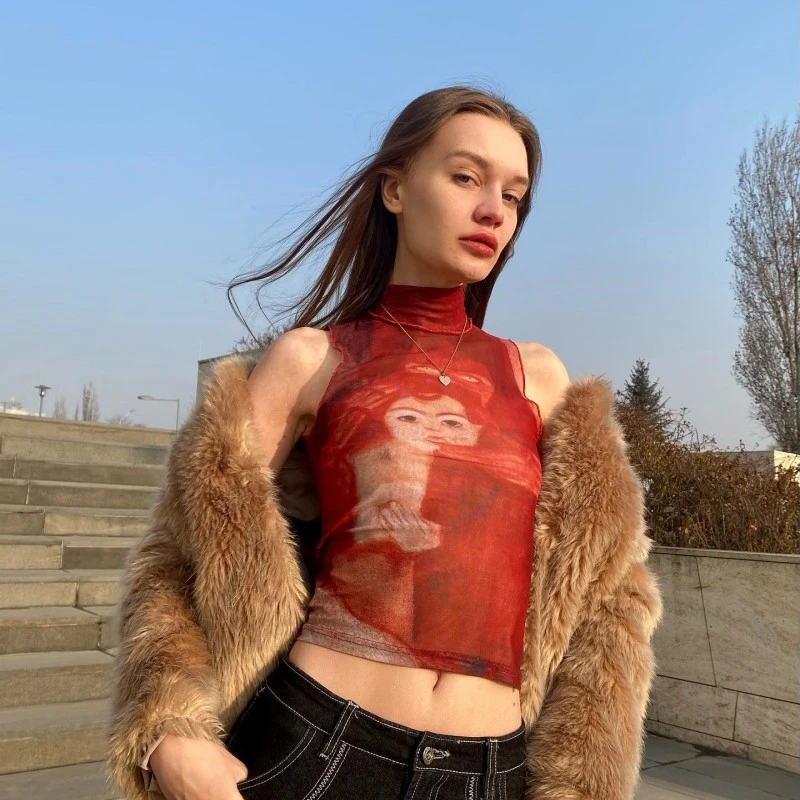 Sleeveless Round Neck Printed Short Cropped Cropped Women's Vest