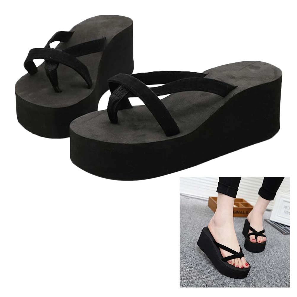 Summer Beach Wedge Flops Women Sandals Flops Slippers Size 37 (Black)