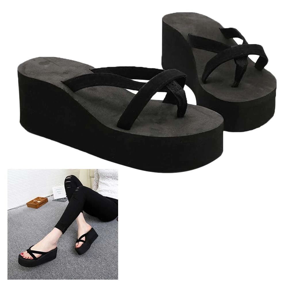 Summer Beach Wedge Flops Women Sandals Flops Slippers Size 37 (Black)