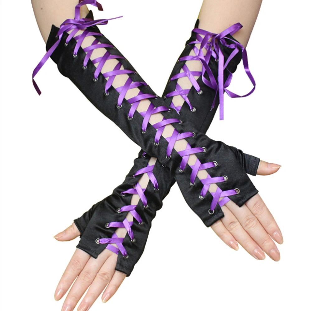 1 Pair Women's Sexy Tied up Gloves Ribbon Gloves Elbow Length Lace Up Flirting Gloves(Black and Purple)