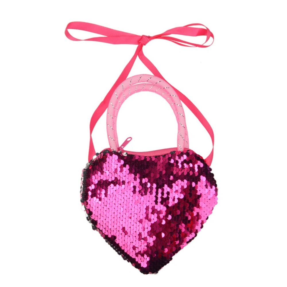 Fashion Coin Purse Double Color Sequins Handbag Chic Kids Heart-shaped Messenger Bag Unique Coin Wallet with Handle and Lanyard (Rosy Silver)