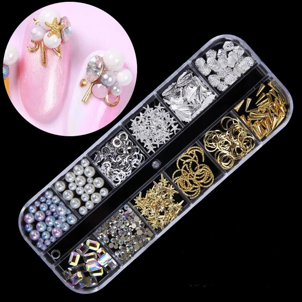 4 Sets 12 Grid Manicure Charm Assorted Multicolored Diamond Pearl Nails Shell Nail Stickers Art Rhinestones Decorations DIY Accessories Set