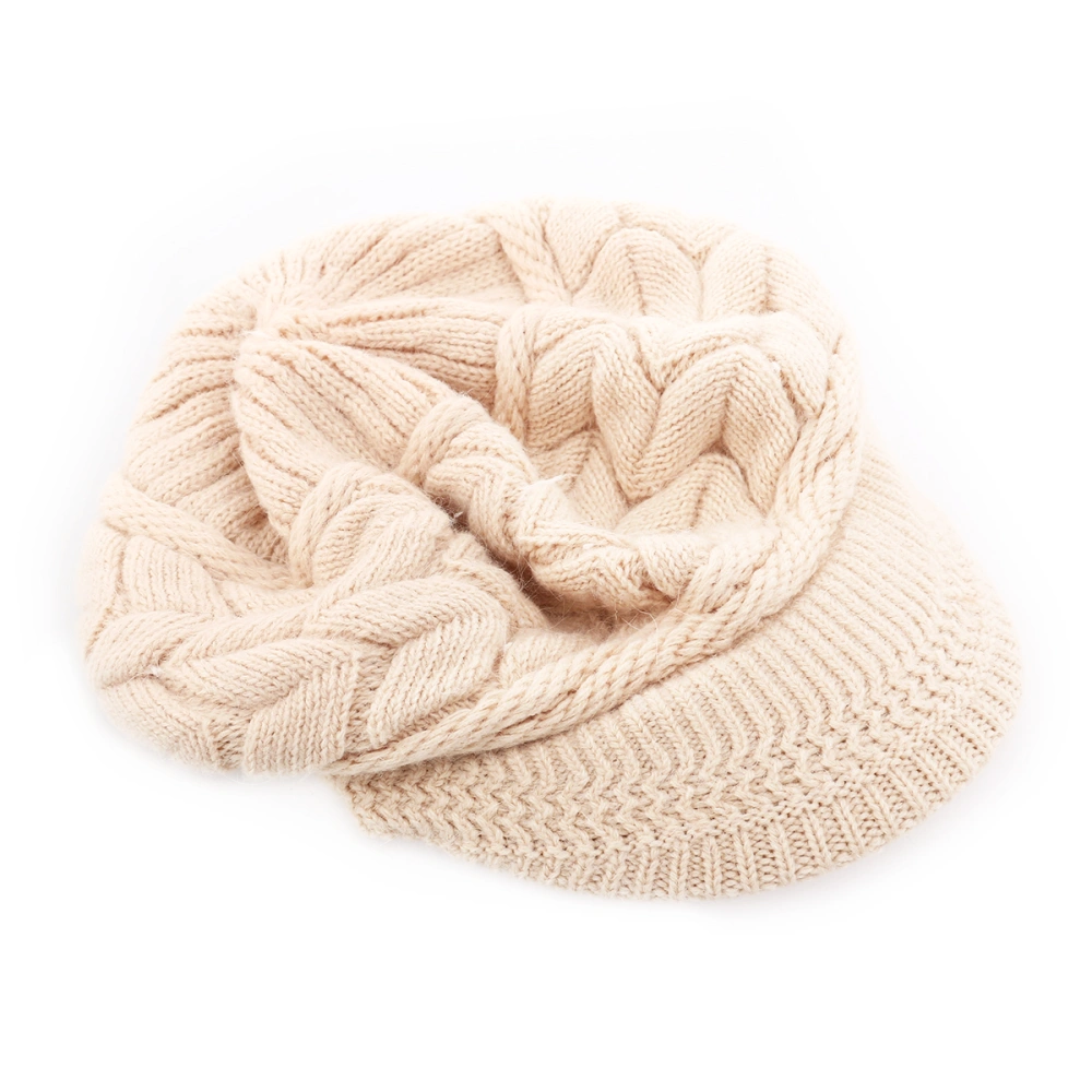 Women Winter Warm Knit Hat Wool Snow Ski With Visor (Beige)