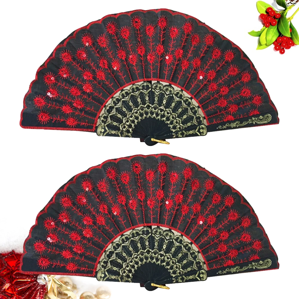 2pcs Dancing Fan Sequined Embroidery Folding Fan Handhled Fan Crafts Fan Gift Fan for Friends Dancer (Red)