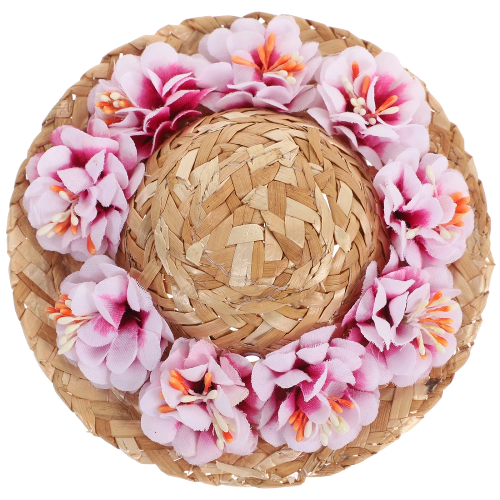 Pet Flower Straw Hat Dog Spring Summer Sunhat Woven Straw Hat Costume Accessory Size S (Pink Flower, Random Style of the Drawstring)