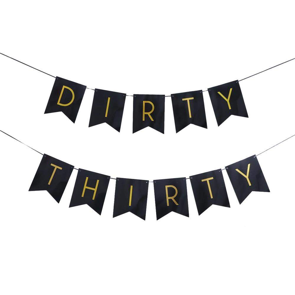 Birthday Pull Flag Party Decorations Dirty Thirty Letter Gold Fish Tail Pull Flag Paper Banner (Black)