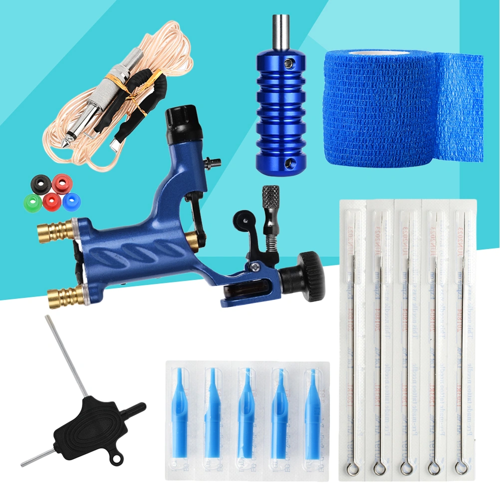 Machine Kit Rubber Bands 3RL Needles 3RT Needle Cover Handle Hexagon Wrench Bandage Transparent Cord and Machine (Blue)