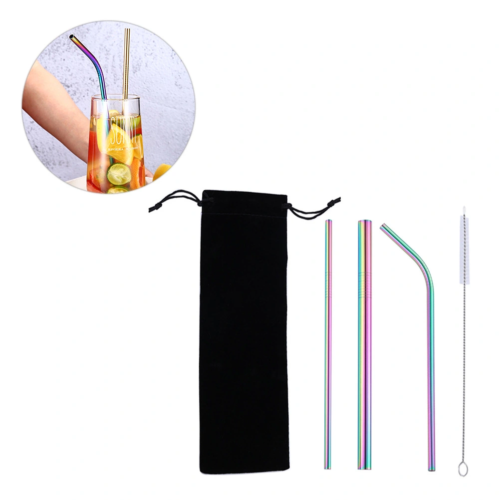 4pcs Stainless Steel Filter Drinking Straws Pipet Brush Set for Home Bar Restaurant (Black Flannelette Bag Colorful)