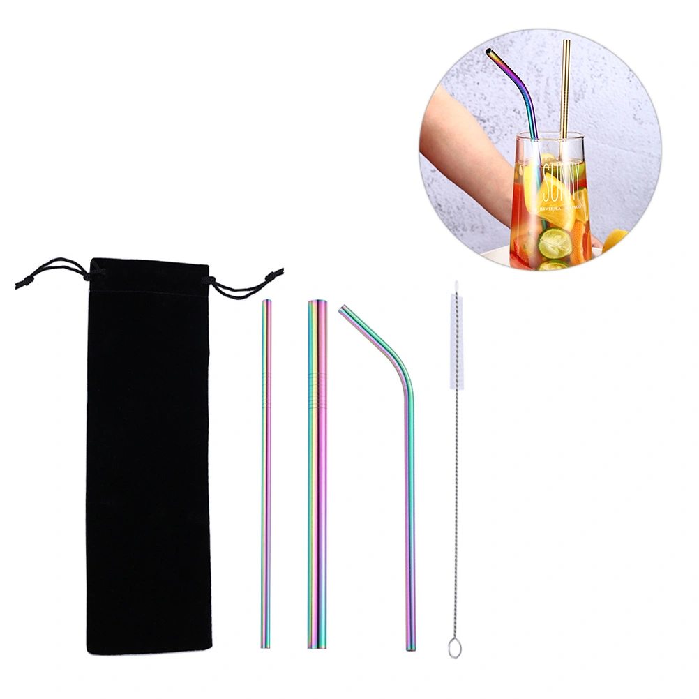 4pcs Stainless Steel Filter Drinking Straws Pipet Brush Set for Home Bar Restaurant (Black Flannelette Bag Colorful)