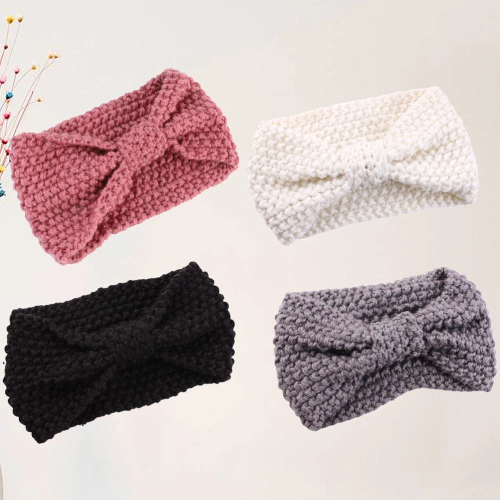 4pcs Warm Bowknot Headband Crocheted Headwrap Hair Band Headwear for Women (Black, White, Grey, Pink)