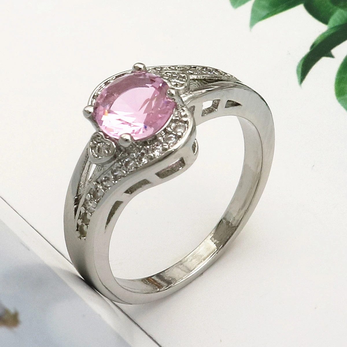 Women Fashion Jewelry Zircon Stone Wedding Engagement Ring Romantic Classic Crystal Bijoux Finger Ring For Women USA Size 8 (Pink)