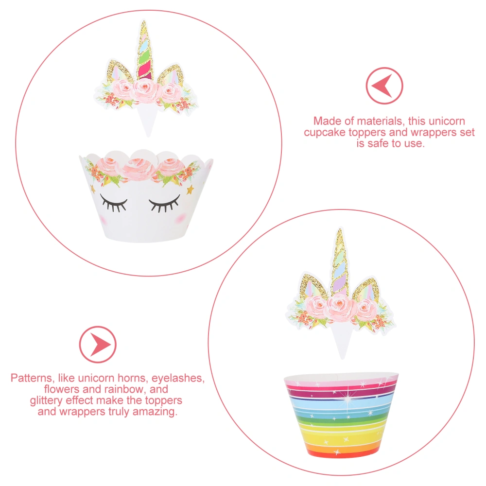 24 Pcs Unicorn Cupcake Toppers and Wrappers Set Unicorn Horn Eyelashes Rainbow Glitter Wrappers Cake Decorations for Kids Birthday Party Wedding Baby Shower Party