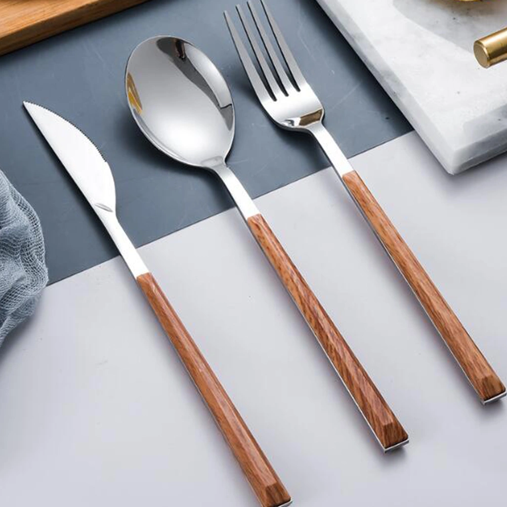 3pcs Stainless Steel Flatware Set Portable Tableware Imitation Wood Handle Fork Spoon Steak Cutter Fruit Cutlery Kit (Cutter + Spoon + Fork)