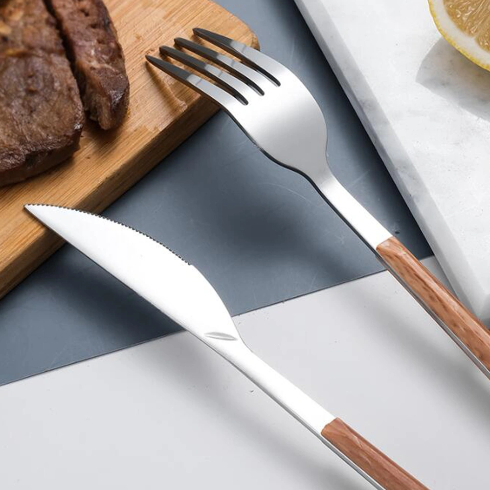 3pcs Stainless Steel Flatware Set Portable Tableware Imitation Wood Handle Fork Spoon Steak Cutter Fruit Cutlery Kit (Cutter + Spoon + Fork)