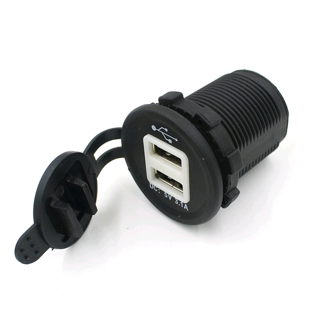 Portable Waterproof Blue LED 12-24V Car Motorcycle Cigarette Lighter Socket Dual USB Power Adapter Charger Outlet (Black)