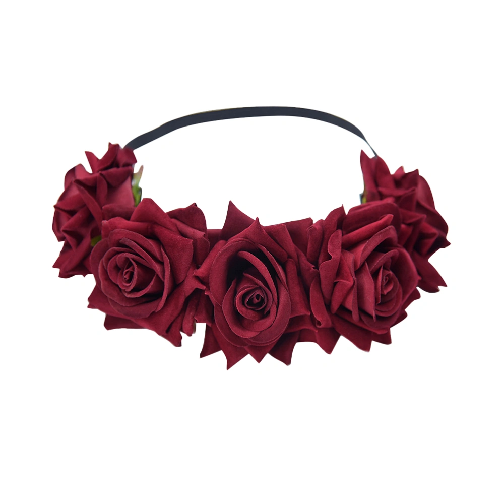 1PC Simulated Rose Hair Band Lint Cloth Rose Headband Elegant Bride Headdress Creative Valentines Gift for Wedding Date Evening Use Claret-red