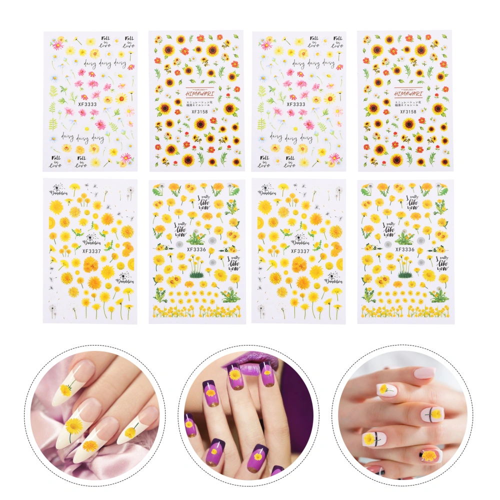 8 Sheets Sunflowers Nail Art Stickers Nail Decals Nail Art Accessories for Girls