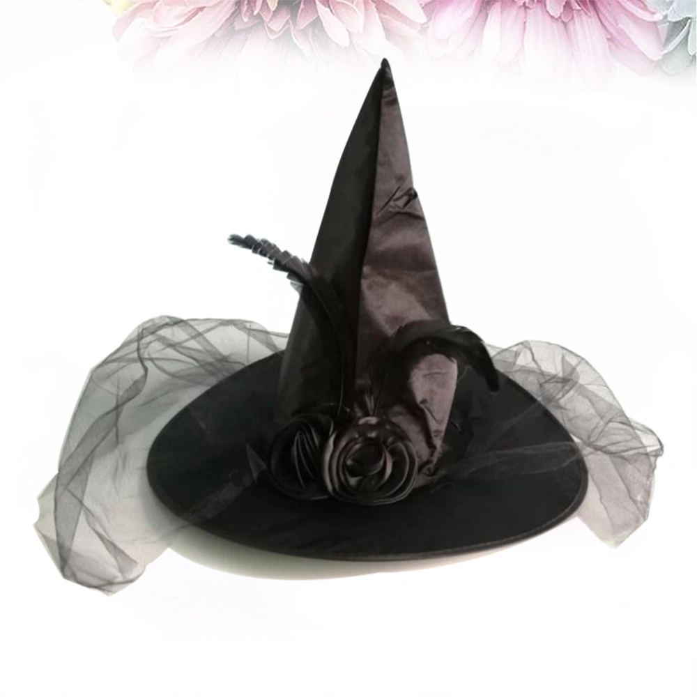 Halloween Witch Hat Decoration Rose Mesh Witch Hats Masquerade Festive Party (Black)