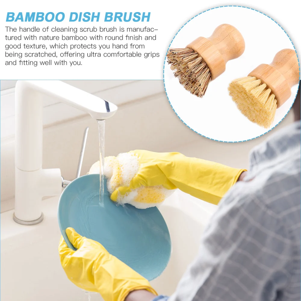 2Pcs Natural Dish Brush Kitchen Eco Bamboo Scrubber Useful Brushes for Home