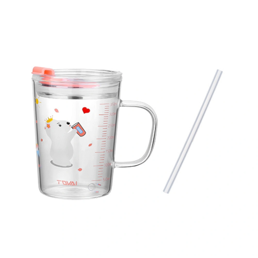 1pc Children Glass Water Cup Milk Cup Leakage-proof Cartoon with Handle Scale Silicone Straw (Drinking Bear Pattern 350ML Random Lid Color)