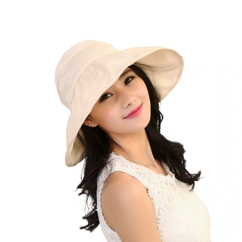 Fashion Wide Large Brim Sun Hat Summer UV Protection Thin Hat 2 in 1 Beach Sun Hat (Beige)