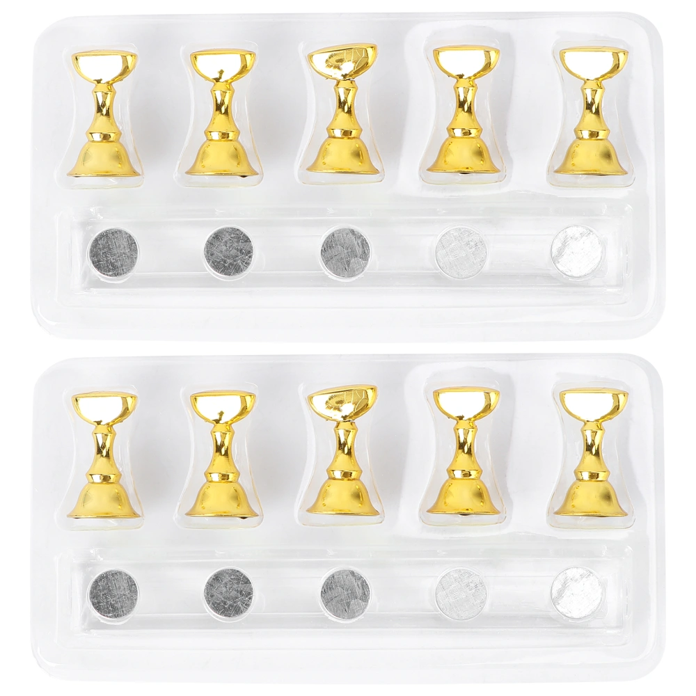 2 Sets Nail Tips Practice Display Stand Electroplated Magnetic Stuck Crystal Holder Long Acrylic Chessboard Design for False Nails Tips -A Set Includes 5 Stands and1 Magnetic Bar(Golden)