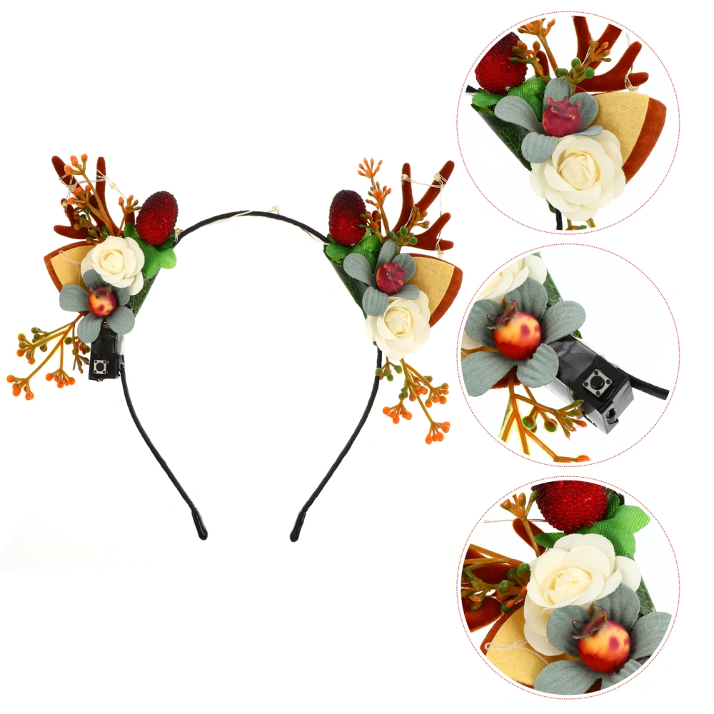 1pc Antler Cat Ear Hair Christmas Flower Headdress with Yellow Light