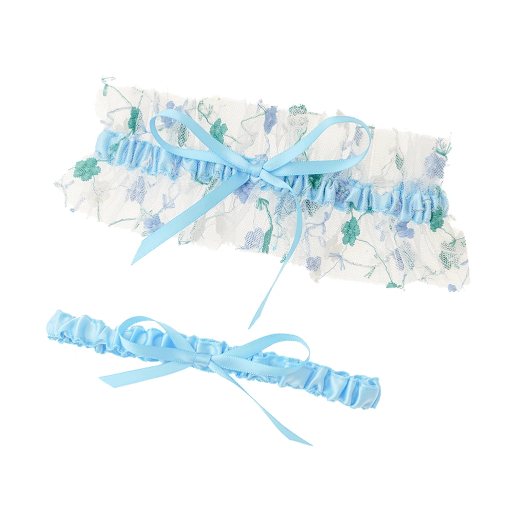 2pcs Wedding Garter Lace Floral Pattern Gauze Bowknot Leg Belt Stretch Bridal Garter Belts (Sky-blue)