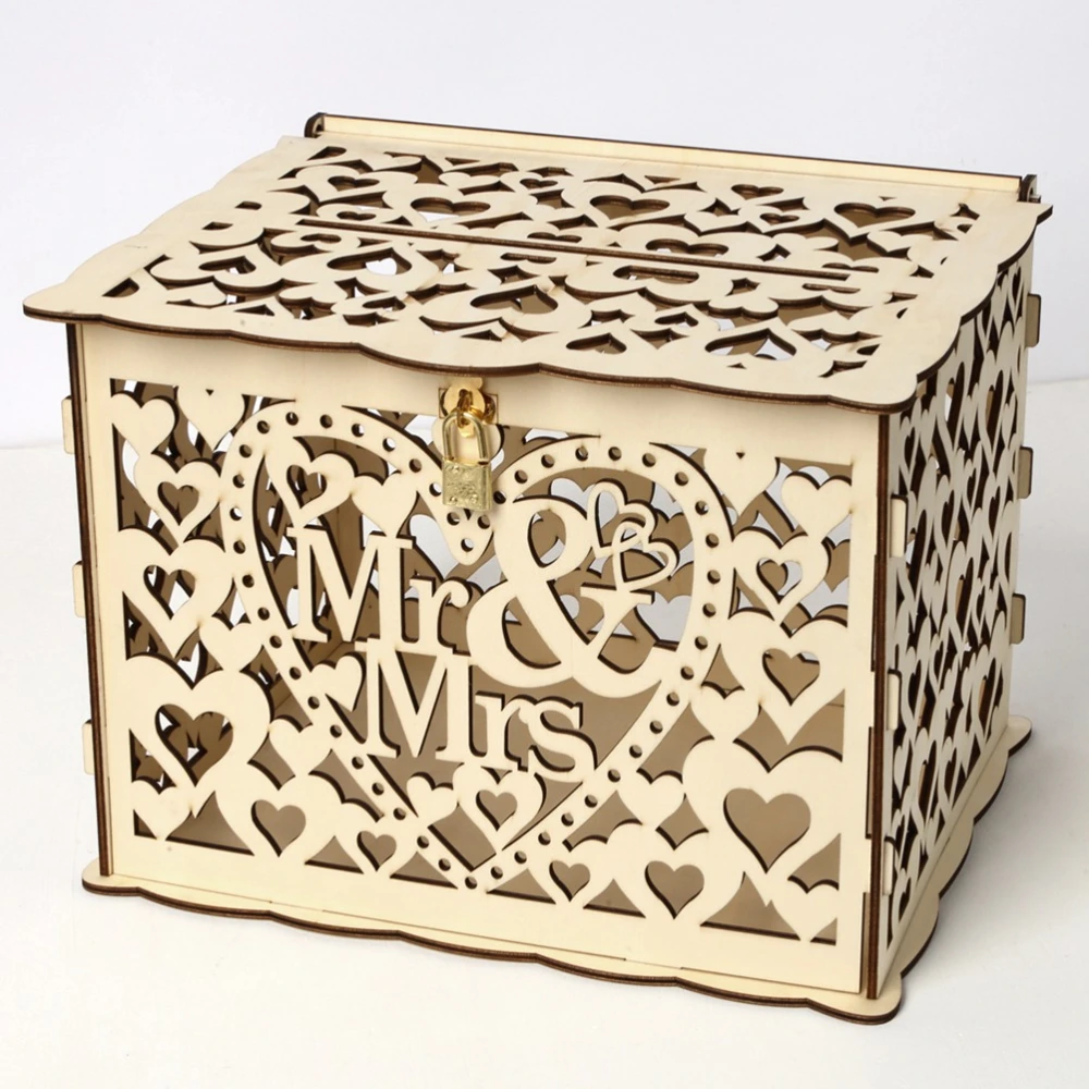 Wood Wedding Storage Box Mr & Mrs Flower Box for Wedding Party Gathering (One Key, 12 Rubber Rings, Small Size)