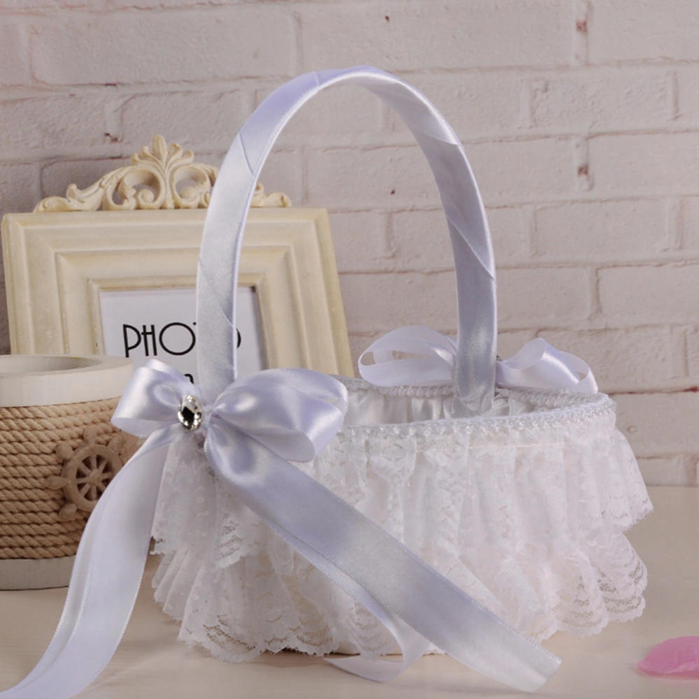 Wedding Bowknot Flower Girl Basket Lace Ribbon Bride Basket Matrimony Processions Rose Petals Holder Ceremony Party Flower Girl Basket for Wedding Ceremony Party Decoration (White HL-5610-BS)