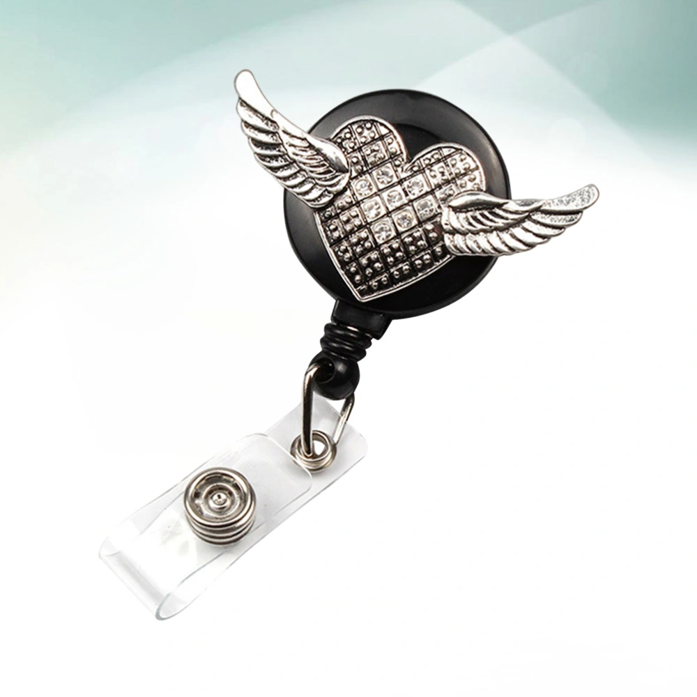 Retro Wing Shaped Round Rhinestone Clips ID Sleeve Telescopic Buckle Retractable ID Badge Reel Clips Easy Pull Buckle Clip (White)