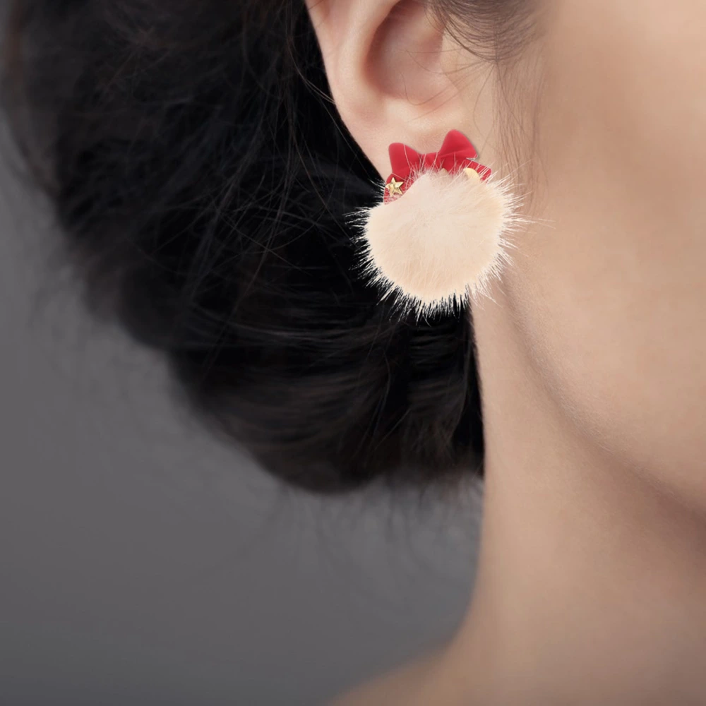 1 Pair of Plush Ball Earring Fashion Ear Drop New Year Ear Dangle Fuzzy Ball Earbobs Women Jewelry (White)