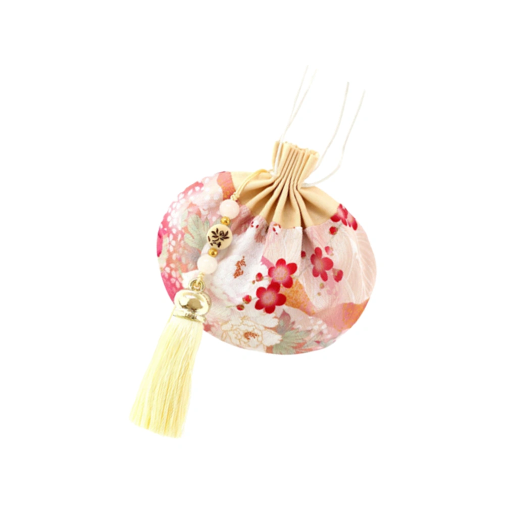 Chinese Style Silk Sachet Drawstring Sachet Hanging Blessing Money Drawing Sachet for Car Wardrobe Home (Empty Bag + Folium Artemisiae Argyi, Flower Background, Pink)