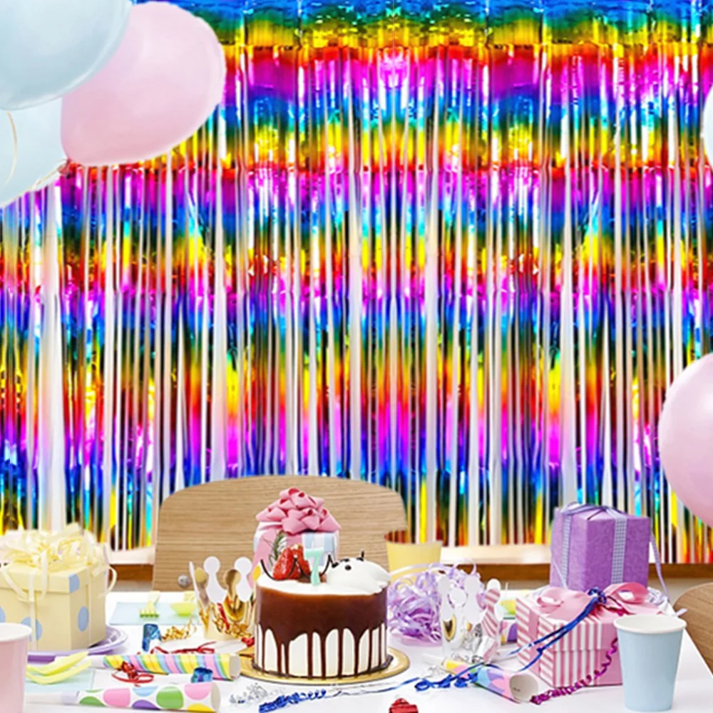 2PCS Rain Curtain Props Rainbow Rain Curtain Decor Festive Background Wall Decoration Birthday Party Rain Curtain for Stage Party Colorful