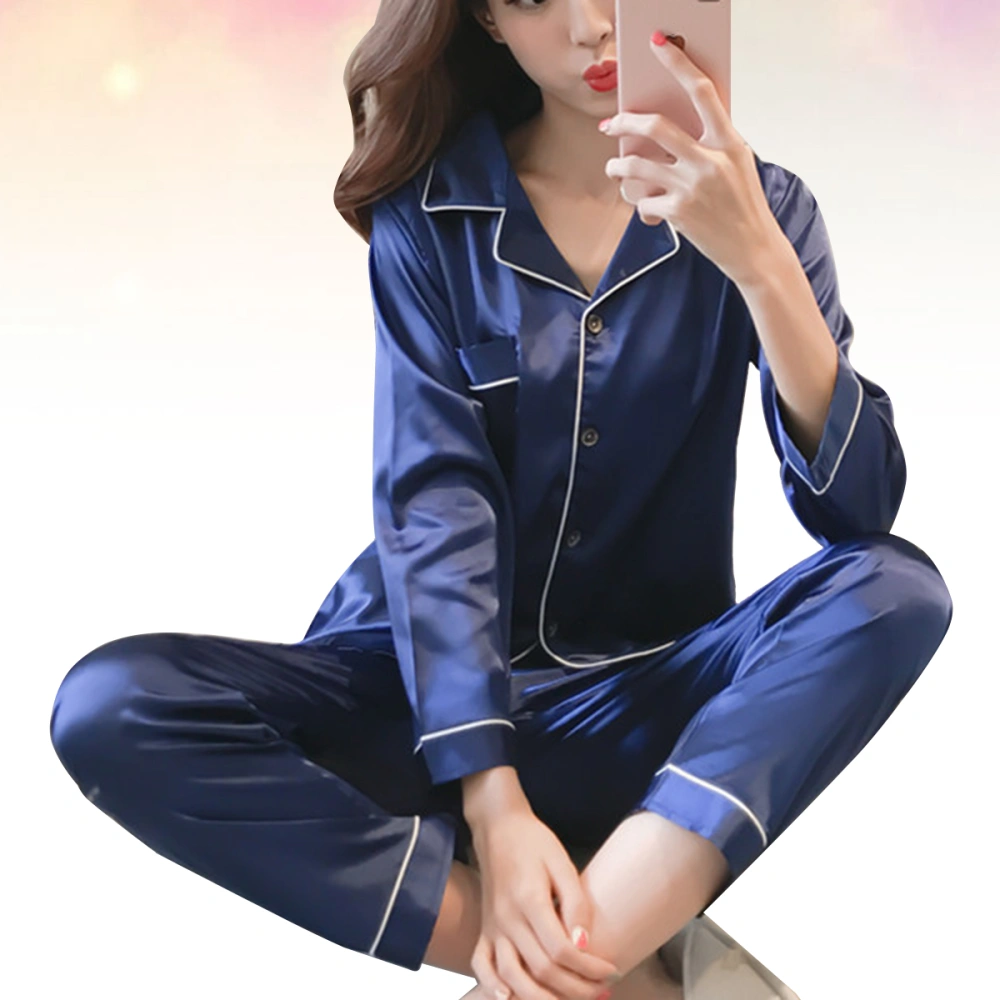 1 Set Home Nightclothes Trousers Set Simulated Silk Pajamas Kit Stylish Casual Long Sleeve Sleepwear Kit Female Cardigan Sleeping Clothings Kit for Spring Autumn Lady Wearing Size M Navy Blue