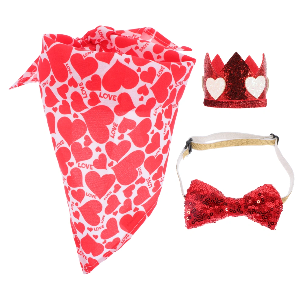 1 Set Valentine's Day Dog Pet Crown Headband Party Dog Bowtie Bib Towel Set