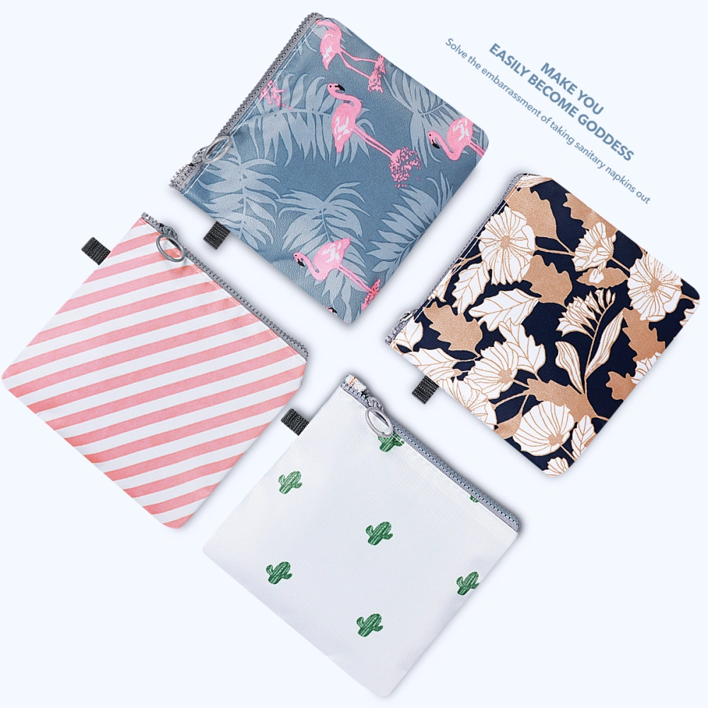 SUPVOX 4PCS Zipper Sanitary Napkin Bag Waterproof Packages for Women Girls (Cactus, Flamingo, Flower, Stripe, 1PC Each)